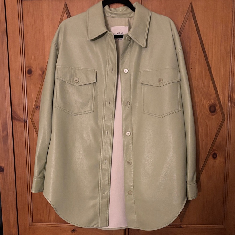 Wilfred “The Ganna” Light Sage Faux Leather Shirt Jacket